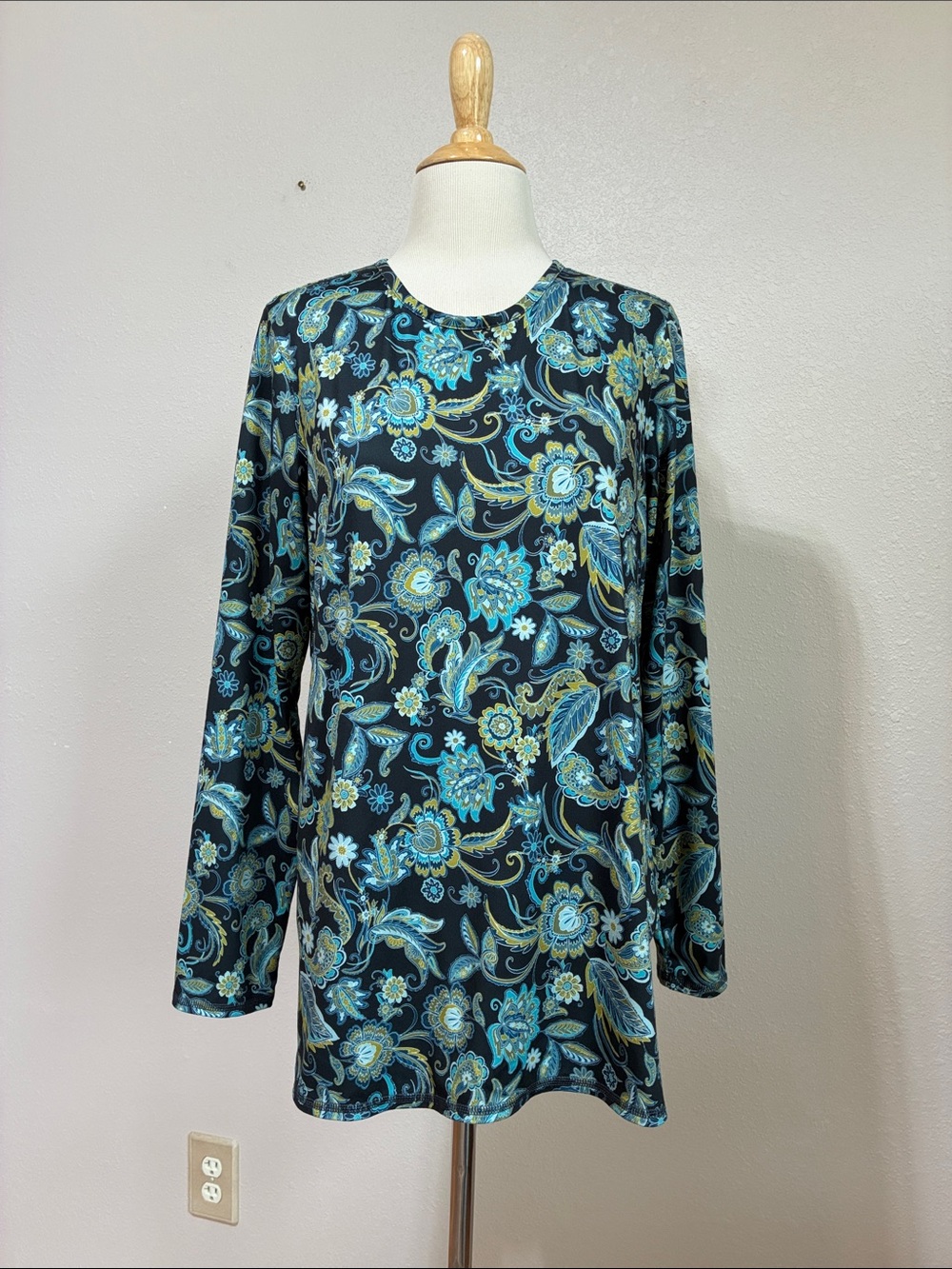 J. Jill Fit Performance Navy Teal Paisley Print Long Sleeve Tunic Top Medium